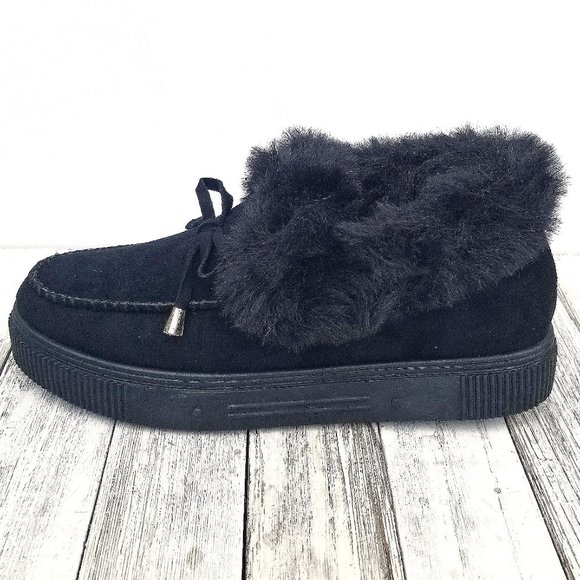 New Black Furry Moccasin Slip on Slipper Loafers - Picture 4 of 5